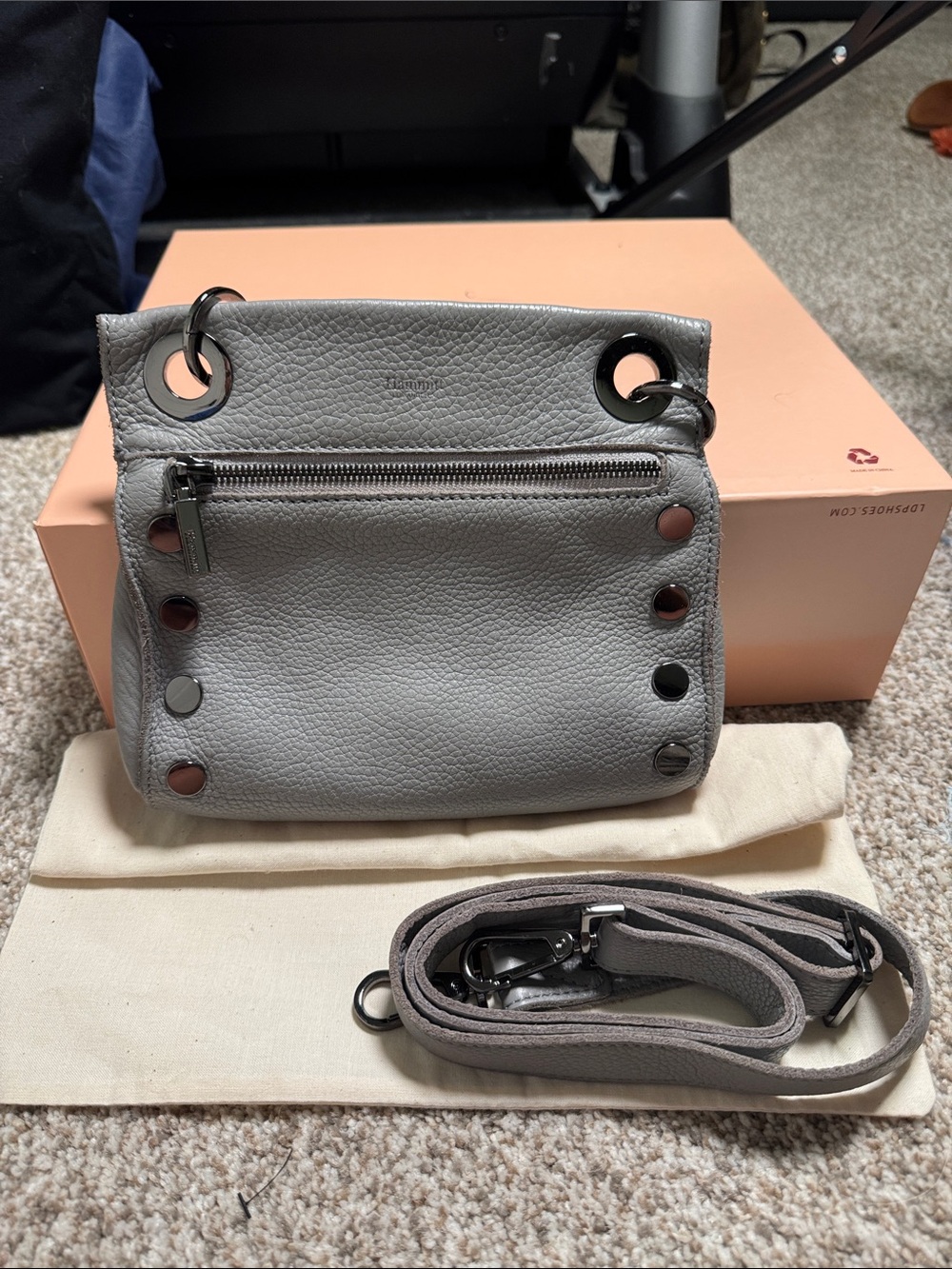 Hammitt Gray Pebbled Leather Crossbody with Grommet Accents